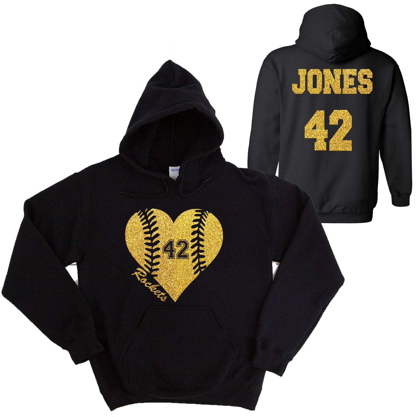 Baseball Heart Team Glitter Design Gildan Heavy Cotton Blend Hoodie Sweatshirt - 18500