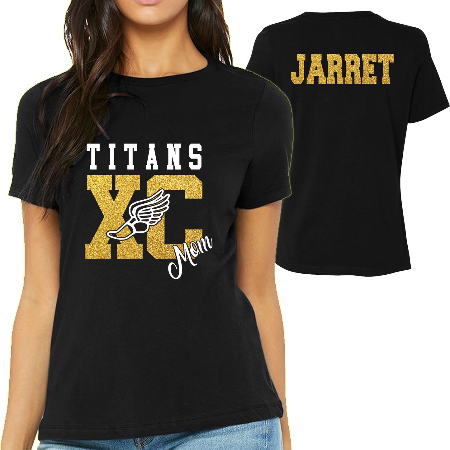 Cross Country Mom Design Personalized Glitter Design Women's Soft Bella + Canvas Jersey T Shirt - 6400