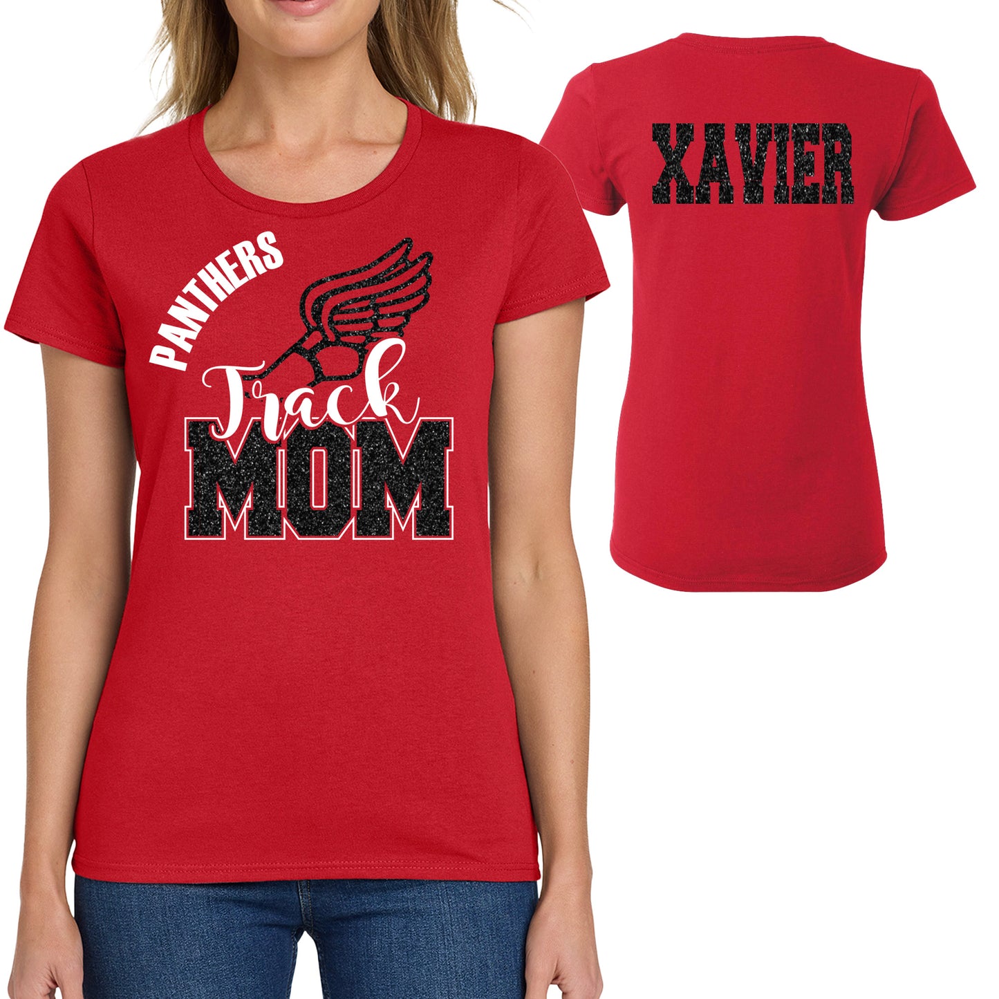 Track and Field Mom Glitter Team Design Women's Gildan Tee Shirt - 5000L