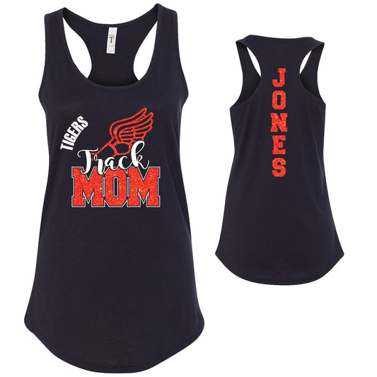Custom Track Mom Glitter Deisgn Next Level Fitted Racerback Tank Top - 1533