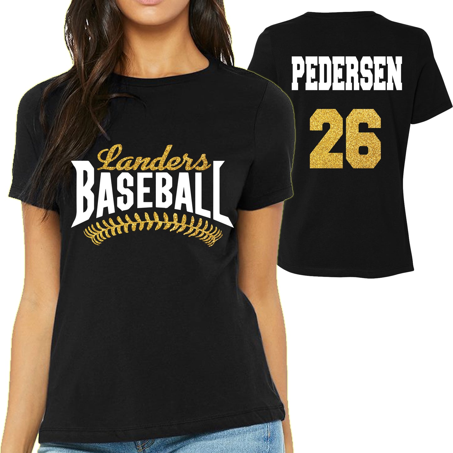 Baseball Design Personalized Glitter Design Women's Soft Bella + Canvas Jersey T Shirt - 6400