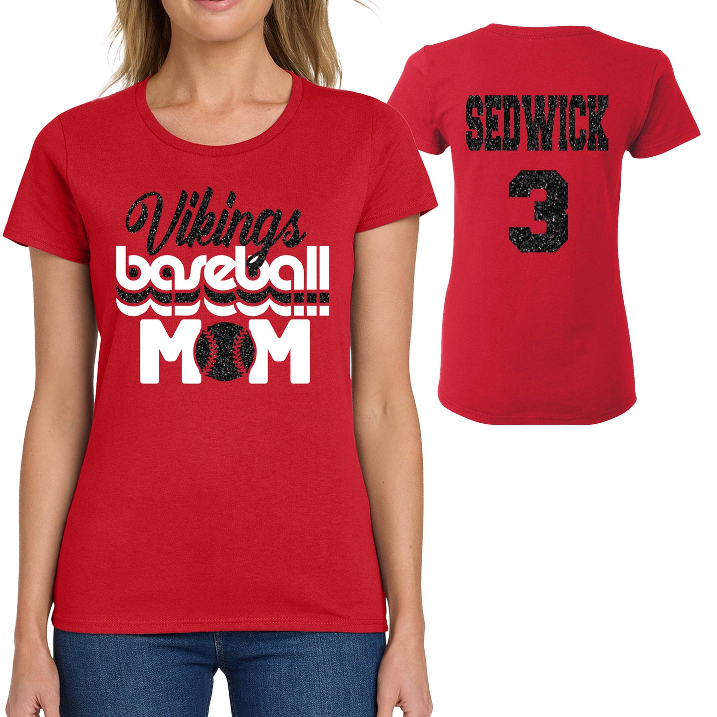 Retro Baseball Mom Glitter Team Design Women's Gildan Tee Shirt - 5000L