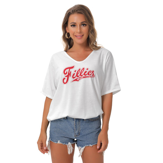 Fillies Softball Women's Bat Sleeves Womens White V-Neck Blouse