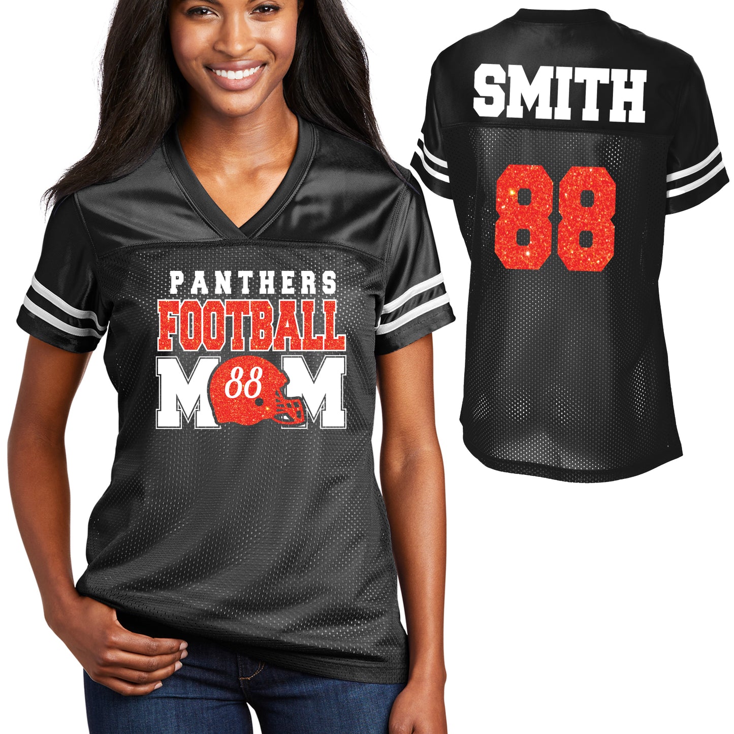 Oak Grove Panthers Football Mom Glitter Design Women's Black Sport-Tek Replica Football Jersey - LST307