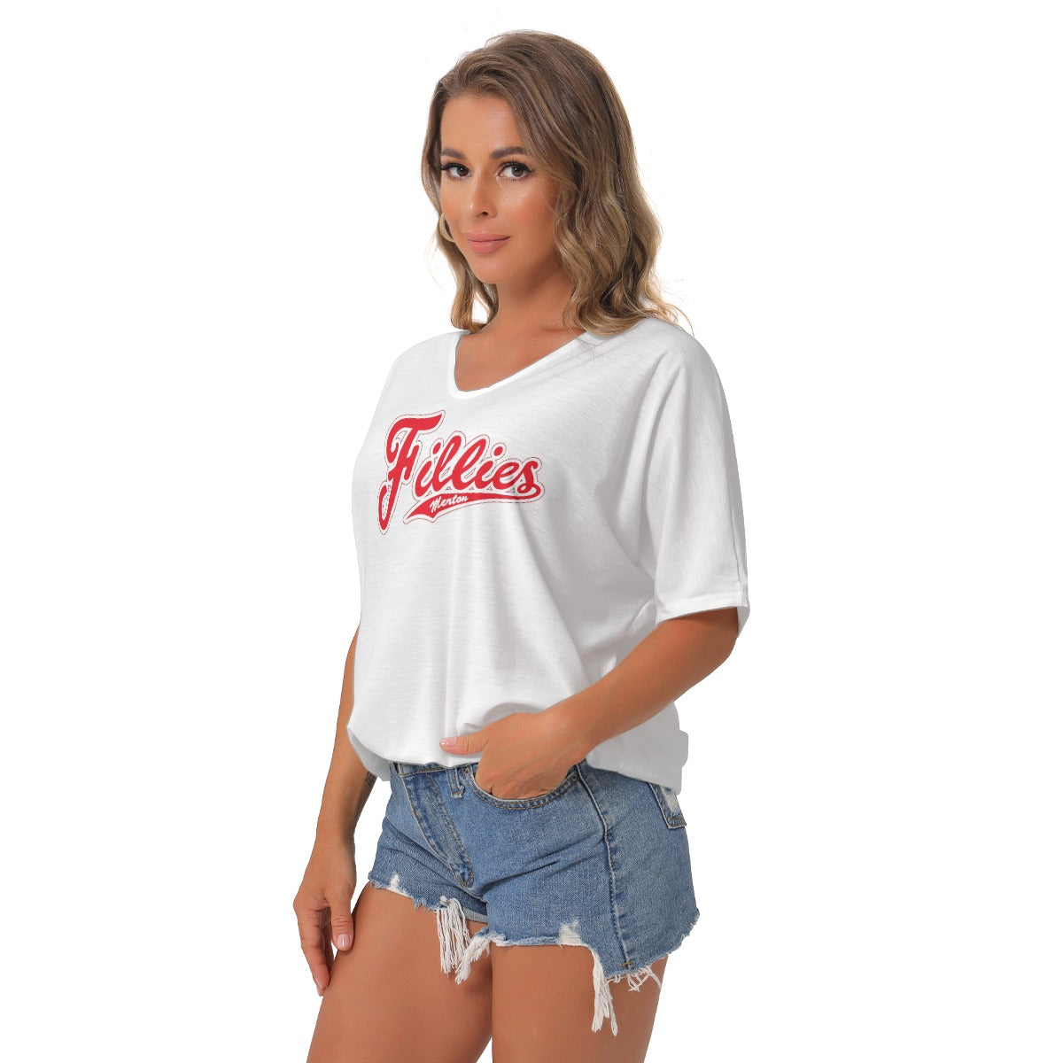 Fillies Softball Women's Bat Sleeves Womens White V-Neck Blouse