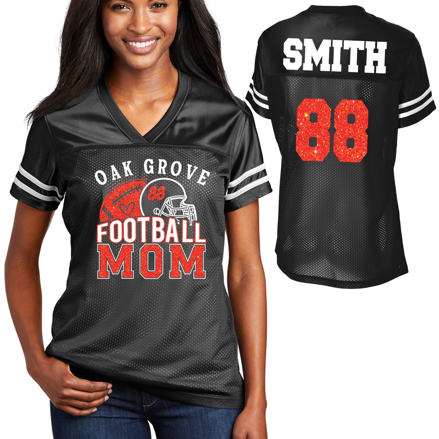 Oak Grove Panthers Football Mom Glitter Design Women's Black Sport-Tek Replica Football Jersey - LST307