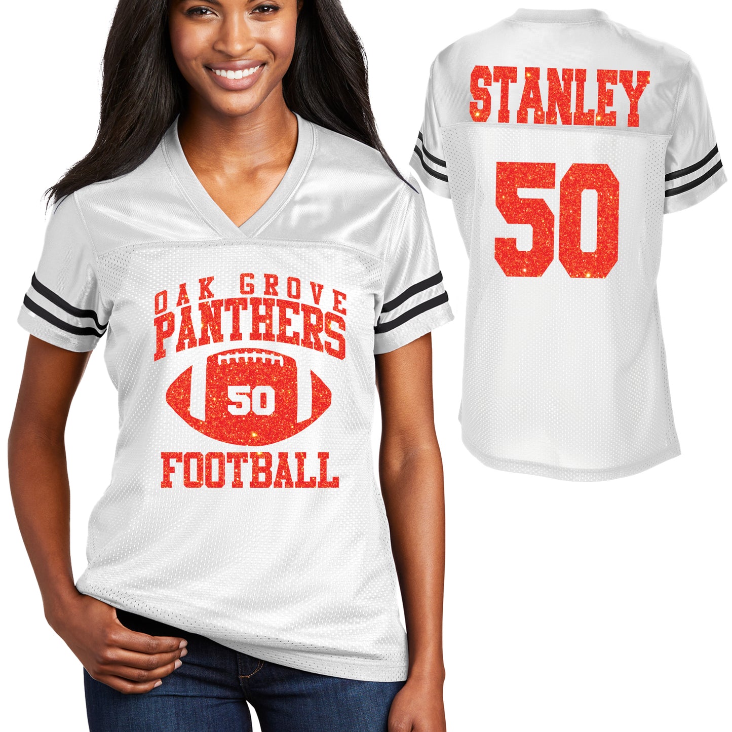 Oak Grove Panthers Football Team Glitter Design Women's White Sport-Tek Replica Football Jersey - LST307
