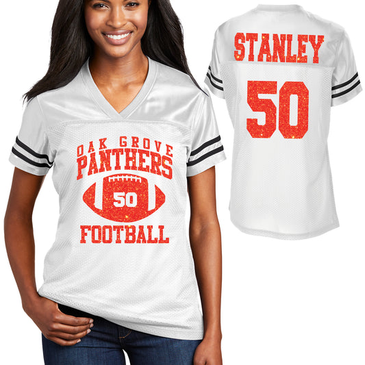 Oak Grove Panthers Football Team Glitter Design Women's White Sport-Tek Replica Football Jersey - LST307
