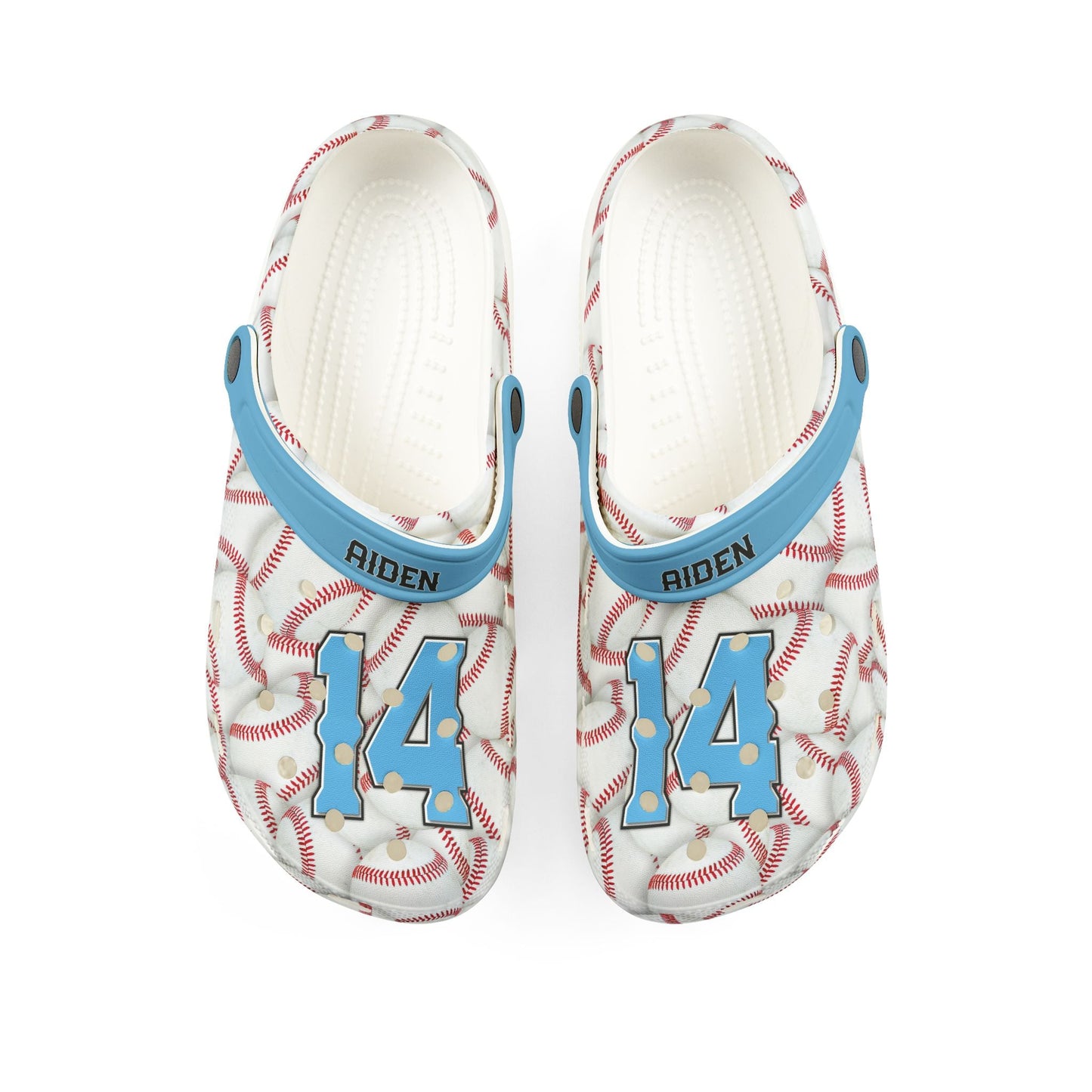 Pair of flip-flops with baseball pattern and blue straps on a white background