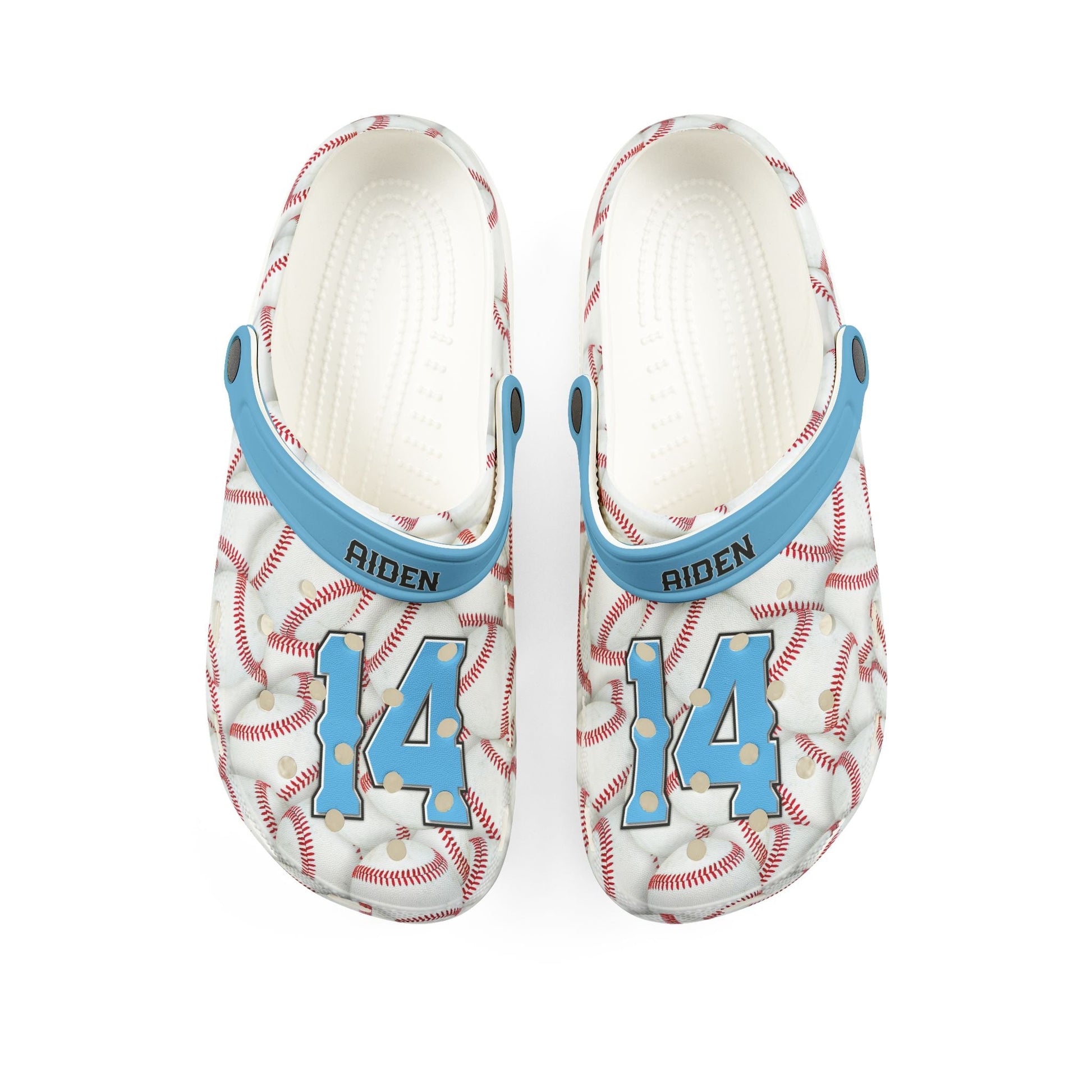 Pair of flip-flops with baseball pattern and blue straps on a white background