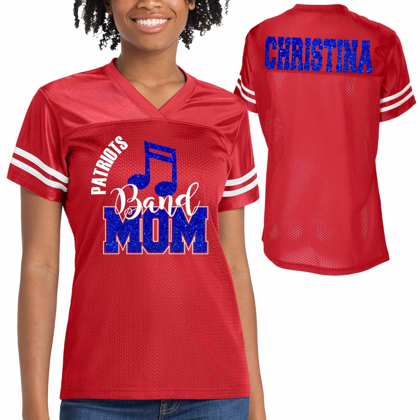 Patriots Band Mom Glitter Team Design Women's Red Sport-Tek Replica Football Jersey - LST307