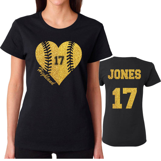 Baseball Heart Glitter Team Design Women's Gildan Tee Shirt - 5000L