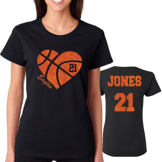 Basketball Heart Glitter Team Design Women's Gildan Tee Shirt - 5000L