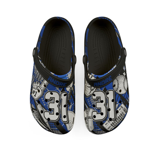 Pair of black sandals with blue and white graphic design on a white background


