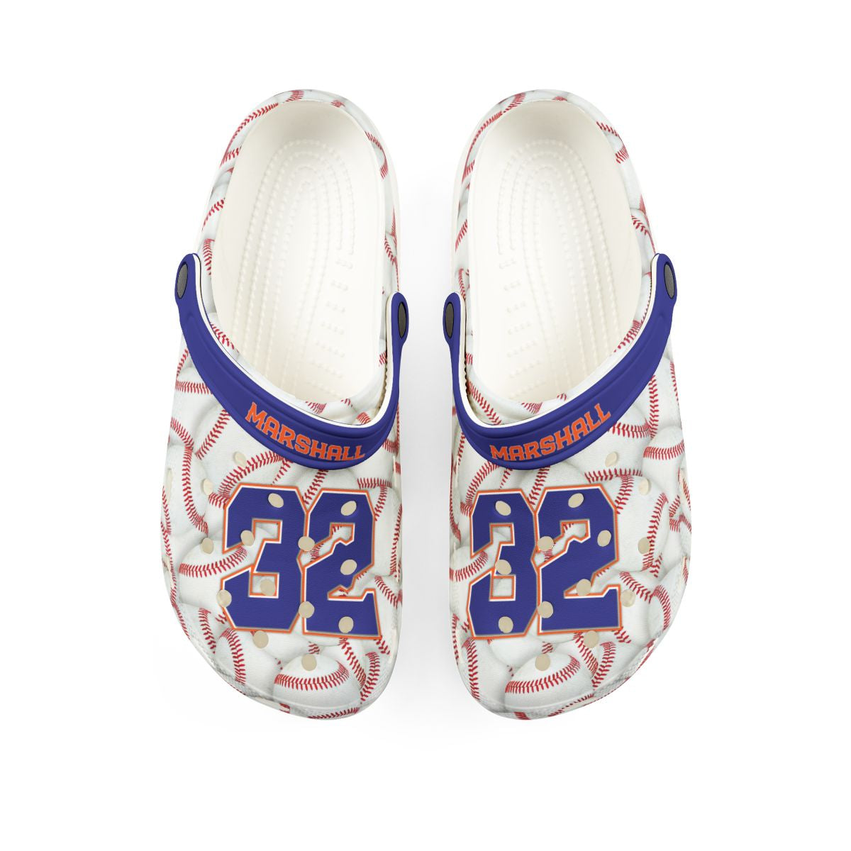 Pair of white sandals with blue text and red accents on a white background