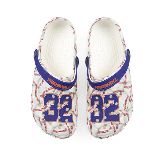 Pair of white sandals with blue text and red accents on a white background
