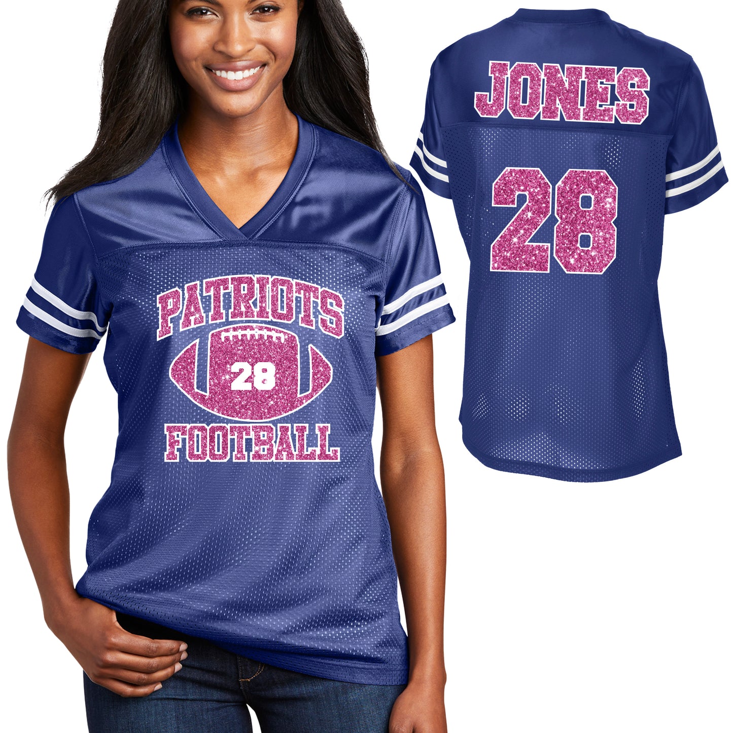 Patriots Football Pink Glitter For Breast Cancer Design Women's Royal Sport-Tek Replica Football Jersey - LST307