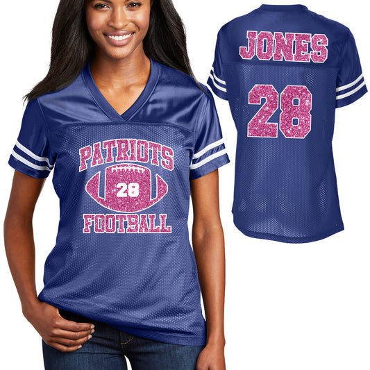 Patriots Football Pink Glitter For Breast Cancer Design Women's Royal Sport-Tek Replica Football Jersey - LST307