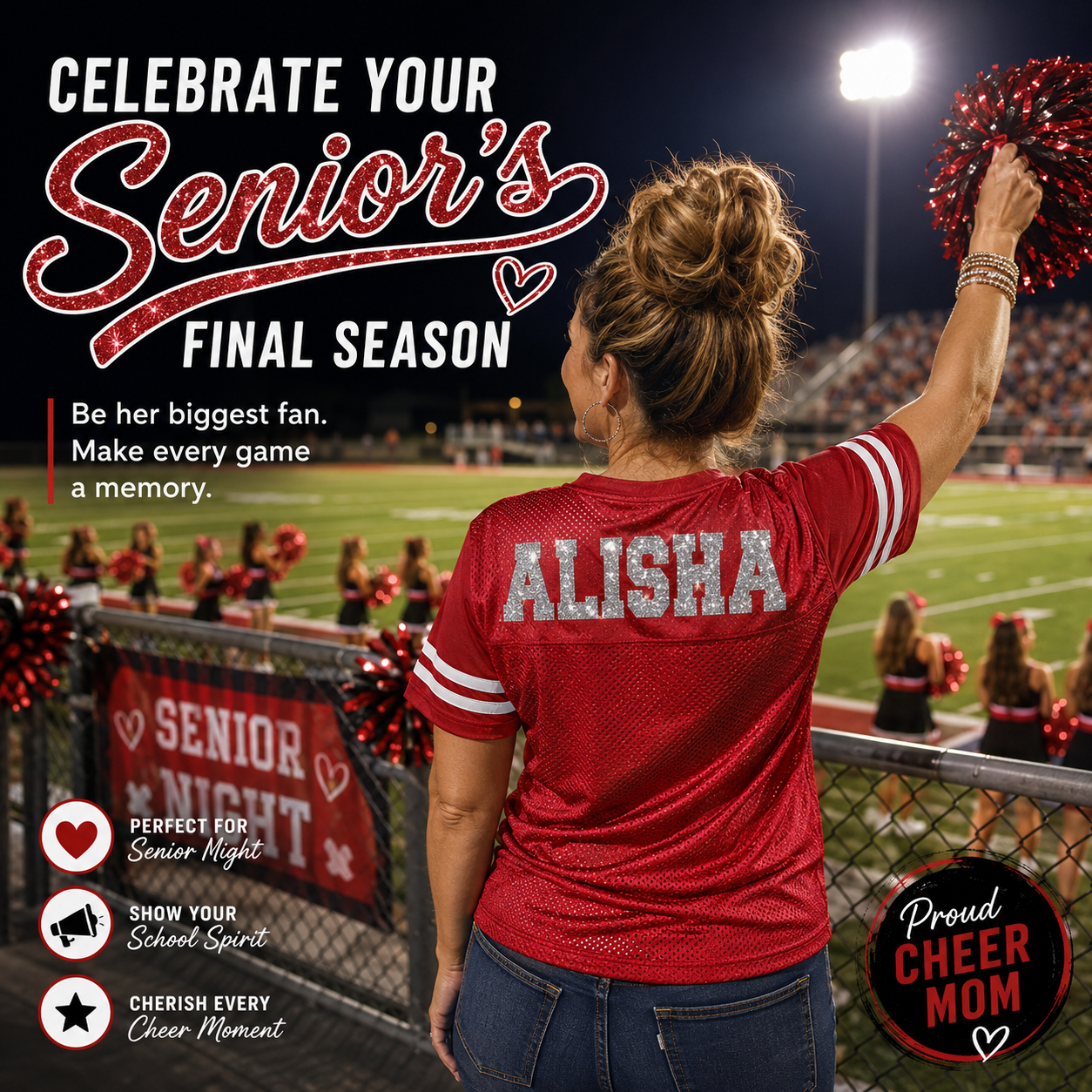 2027 Senior Cheer Mom Glitter Team Design Women's Red Sport-Tek Replica Football Jersey - LST307 (Copy)