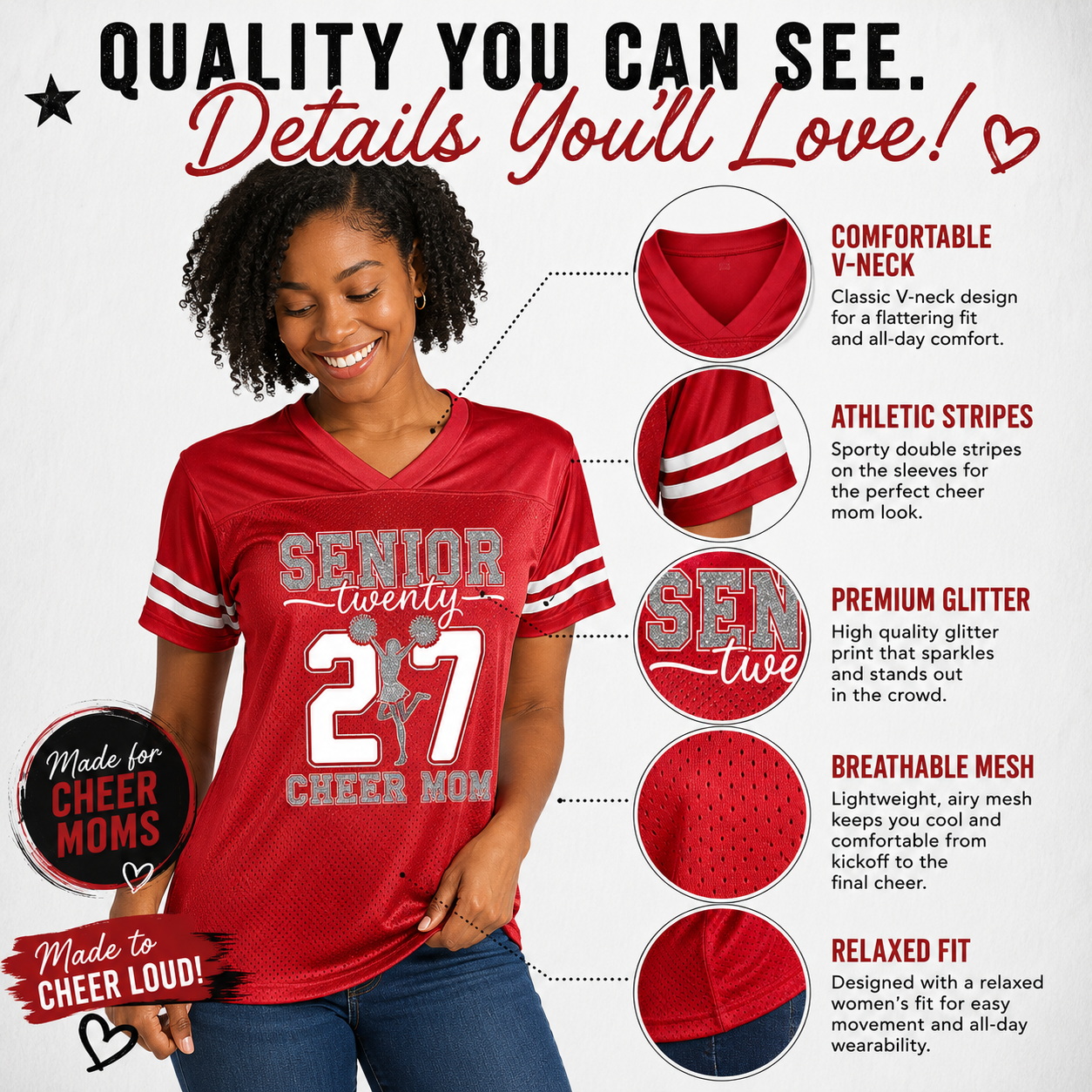 2027 Senior Cheer Mom Glitter Team Design Women's Red Sport-Tek Replica Football Jersey - LST307 (Copy)