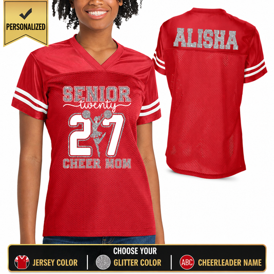 2027 Senior Cheer Mom Glitter Team Design Women's Red Sport-Tek Replica Football Jersey - LST307 (Copy)