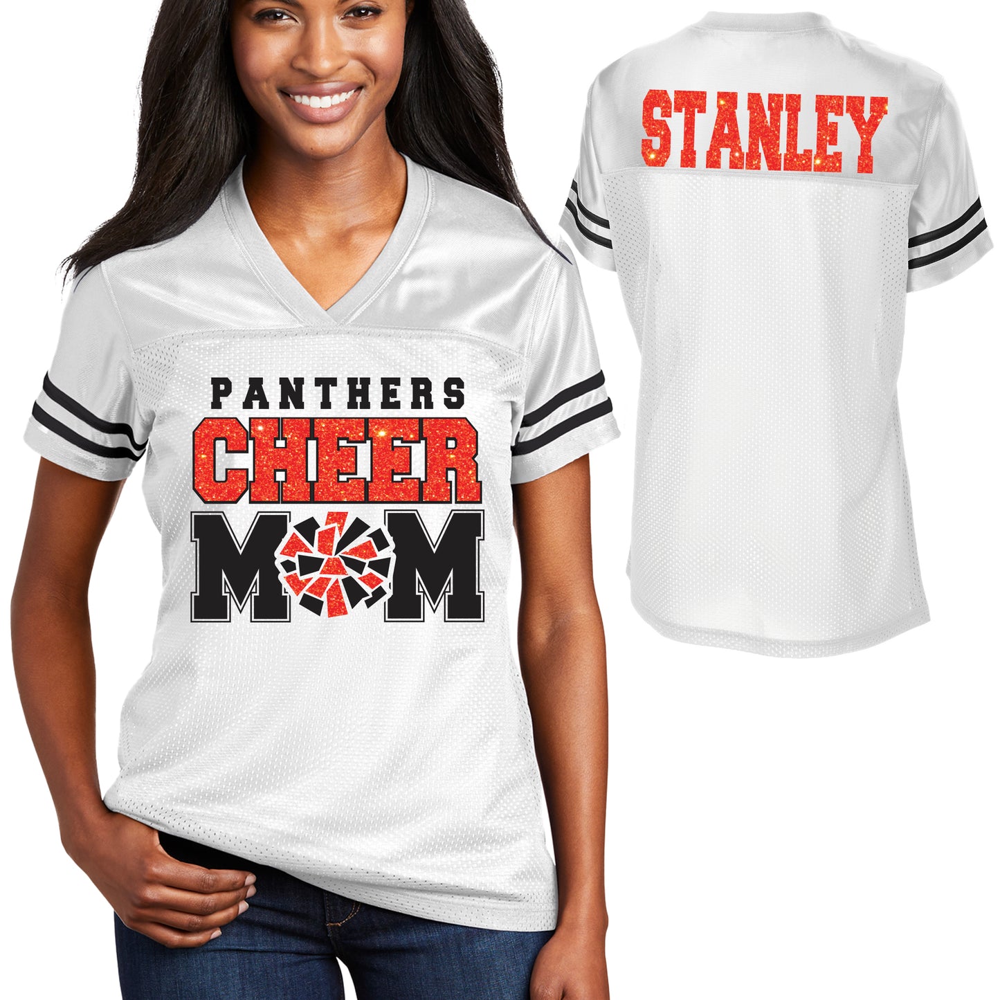 Oak Grove Panthers Cheer Mom Glitter Team Design Women's White Sport-Tek Replica Football Jersey - LST307