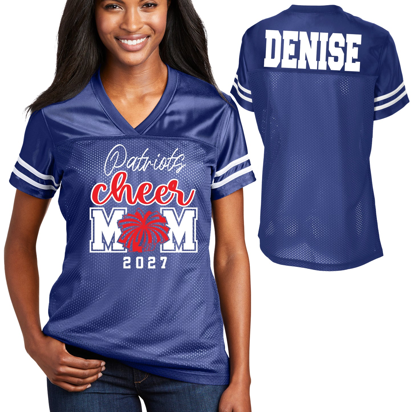 Patriots Cheer Mom Glitter Team Design Women's Royal Sport-Tek Replica Football Jersey - LST307