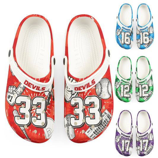 Personalized Custom Child and Adult Baseball Tie Dye Clogs Shoes