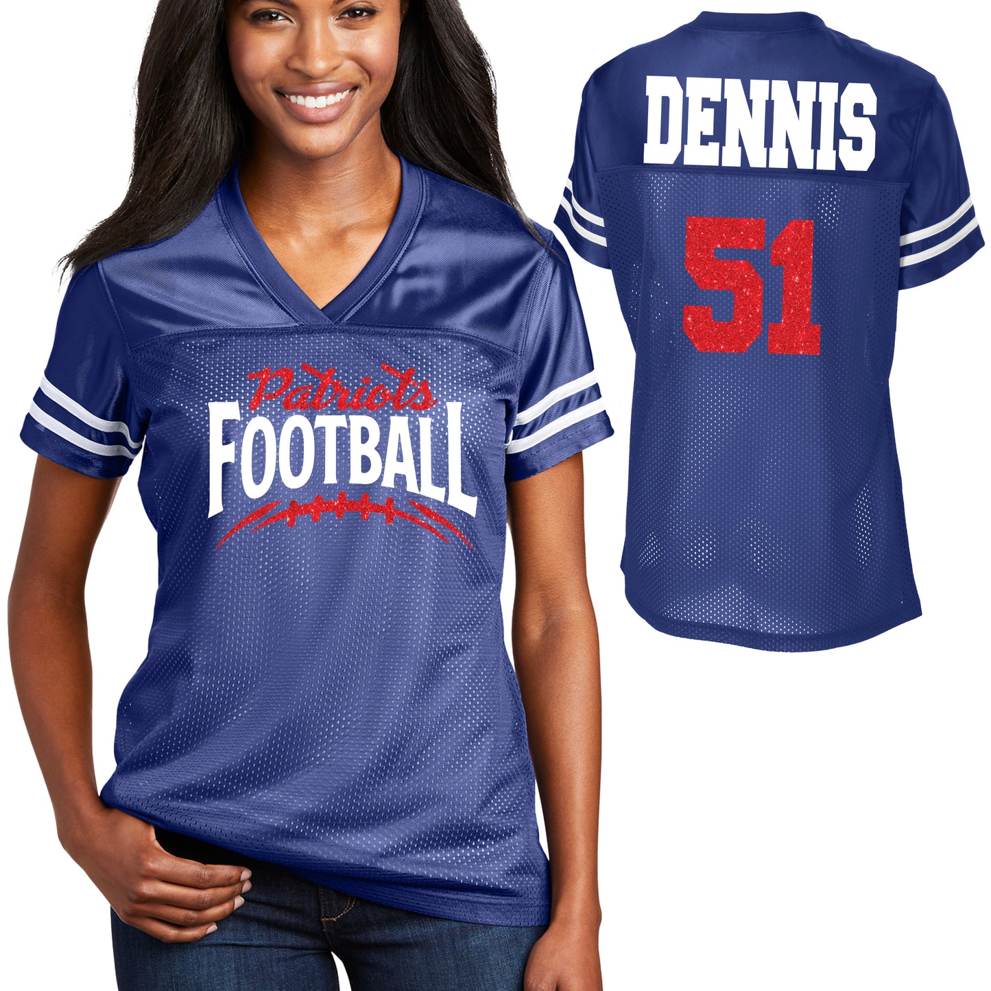 Patriots Football Glitter Team Design Women's Royal Sport-Tek Replica Football Jersey - LST307