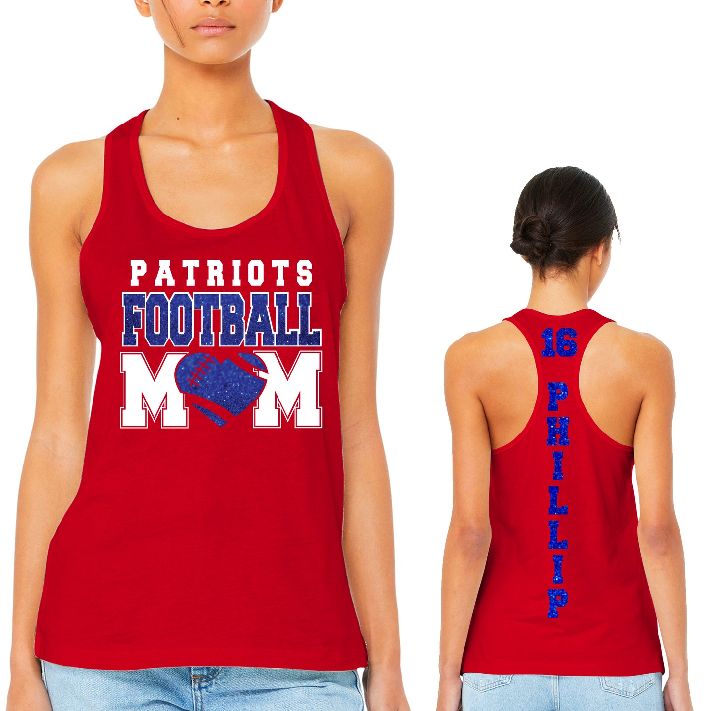 Patriots Football Mom Glitter Team Design Women's Red Bella Canvas Racerback Tank Top - LST307