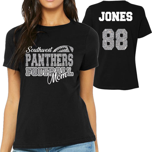 Football Mom Design Personalized Glitter Design Women's Soft Bella + Canvas Jersey T Shirt - 6400