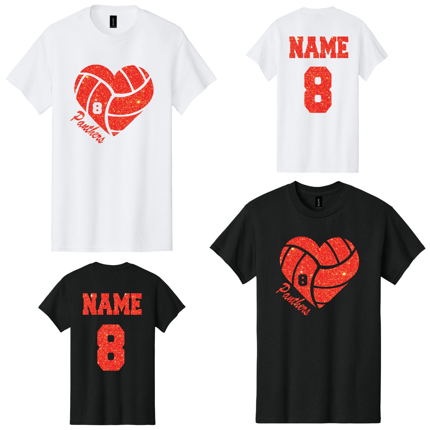 Glitter Oak Grove Middle School Panthers Volleyball Heart Gildan Unisex Tee Shirt with Personalization