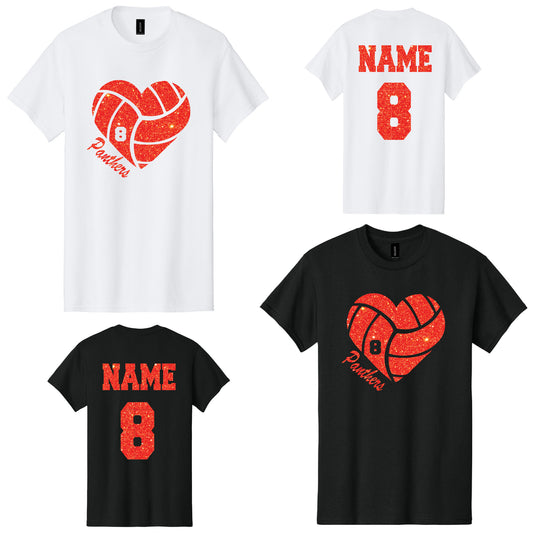 Glitter Oak Grove Middle School Panthers Volleyball Heart Gildan Unisex Tee Shirt with Personalization