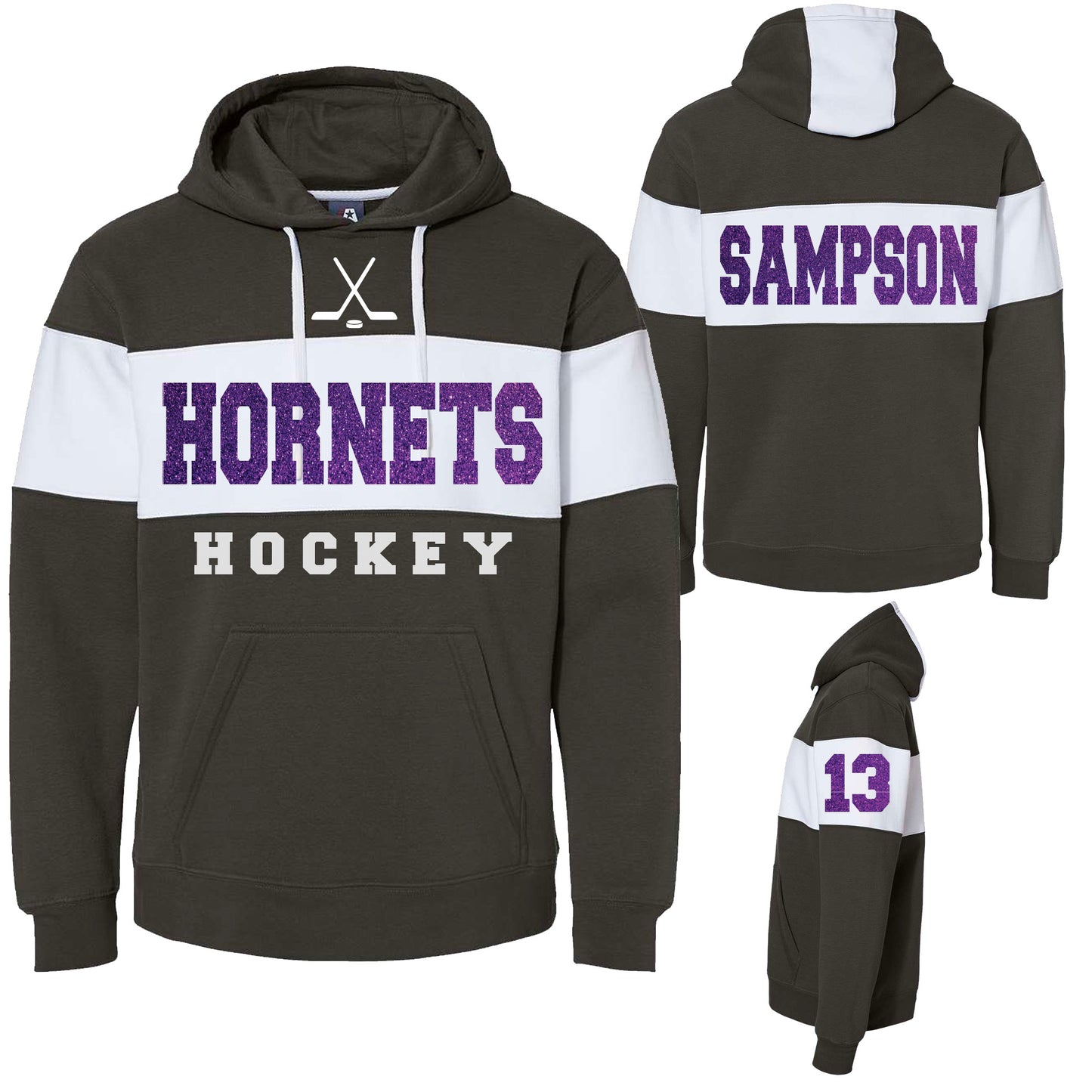 Glitter Hockey Design J. America Varsity Fleece Colorblocked Hoodie Sweater - 8644