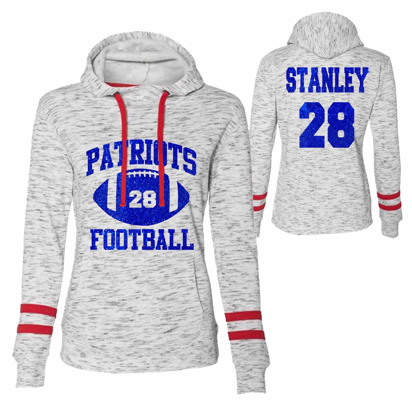 Patriots Football Glitter Design Red J. America Melange Fleece Striped-Sleeve Hooded Sweatshirt-3.18500