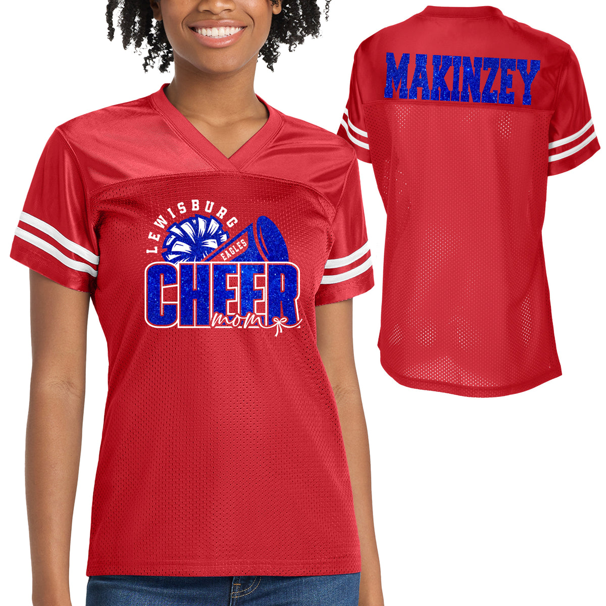 Patriots Cheer Mom Glitter Team Design Women's Red Sport-Tek Replica Football Jersey - LST307