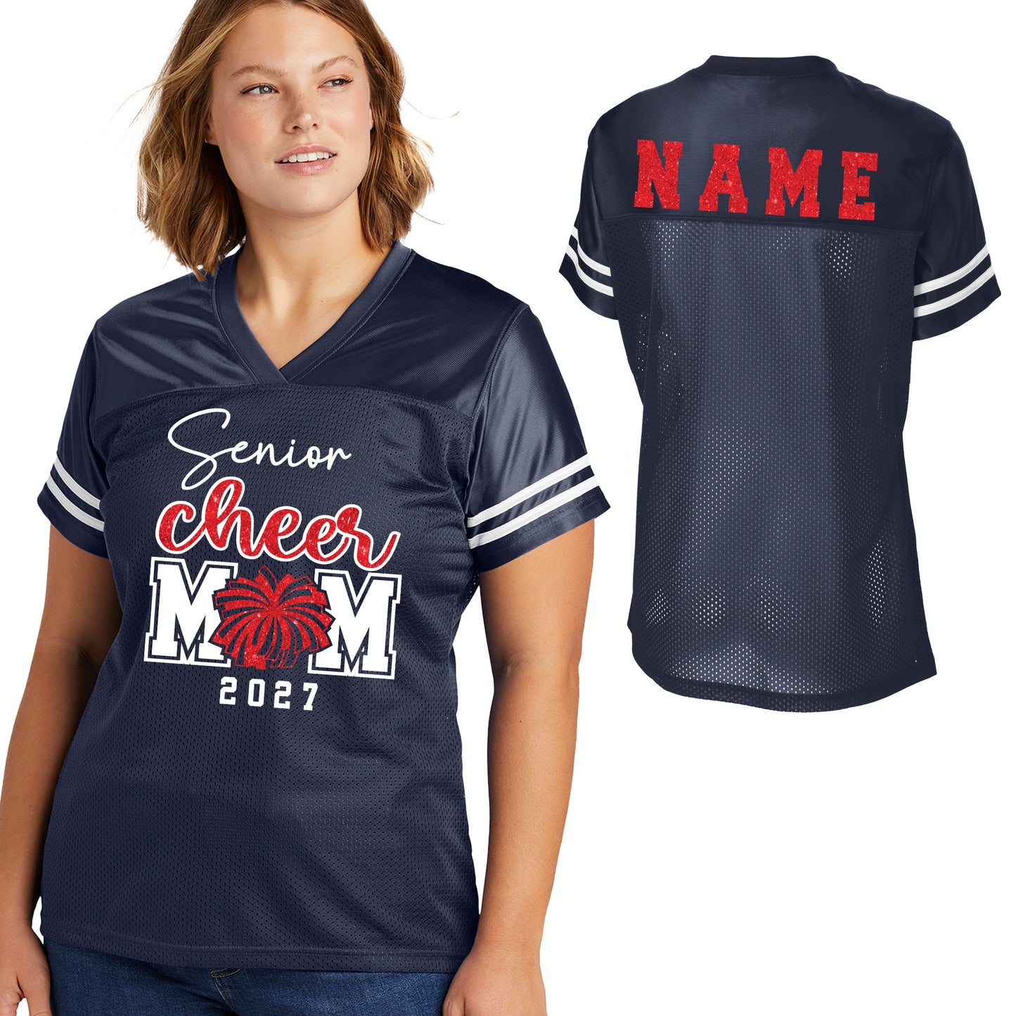 Patriots Senior Cheer Mom Glitter Team Design Women's Navy Sport-Tek Replica Football Jersey - LST307
