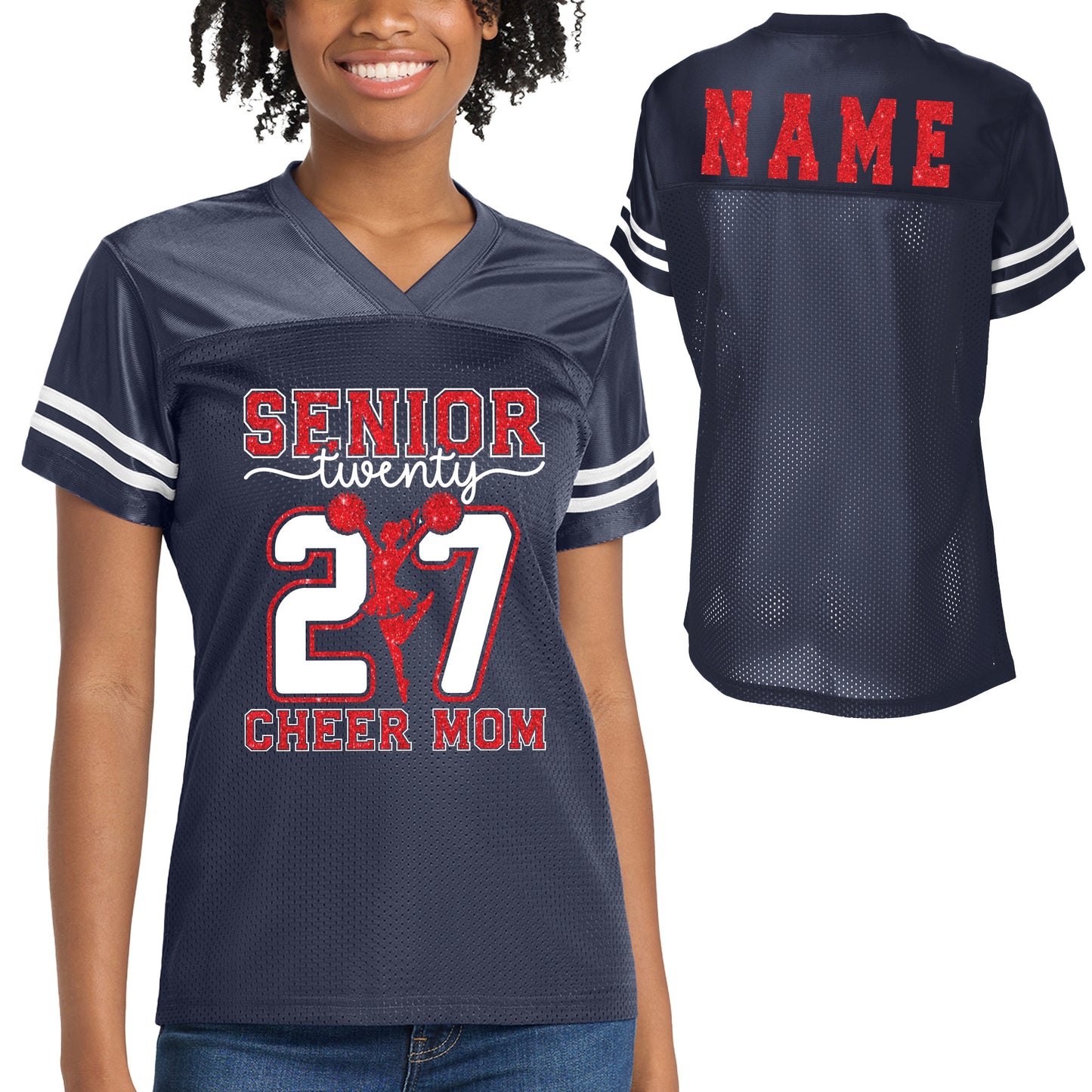 Patriots Senior Cheer Mom Glitter Team Design Women's Navy Sport-Tek Replica Football Jersey - LST307
