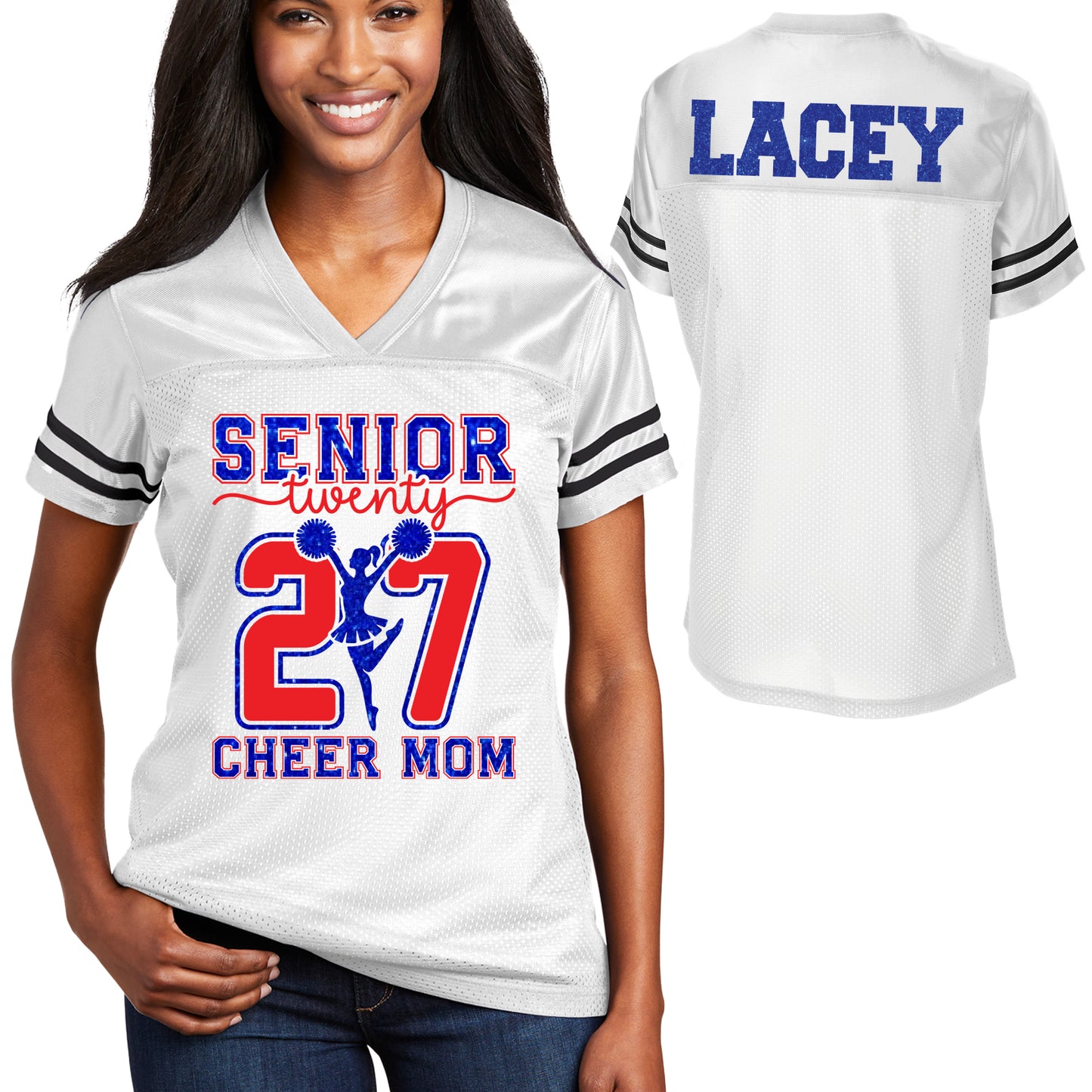Patriots Senior Cheer Mom Glitter Team Design Women's White Sport-Tek Replica Football Jersey - LST307