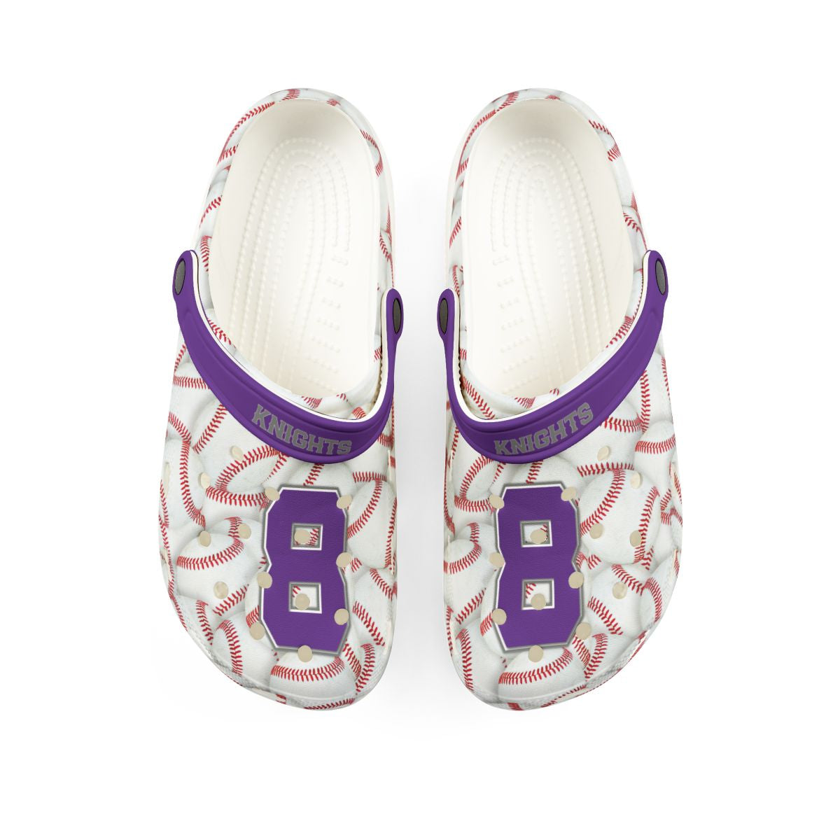Pair of flip-flops with baseball pattern and purple accents on a white background