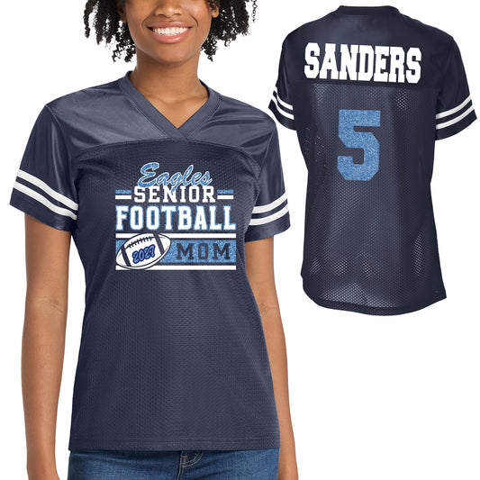 Senior Mom Chapin Eagles Football Team Glitter Design Women's Navy Sport-Tek Replica Football Jersey - LST307