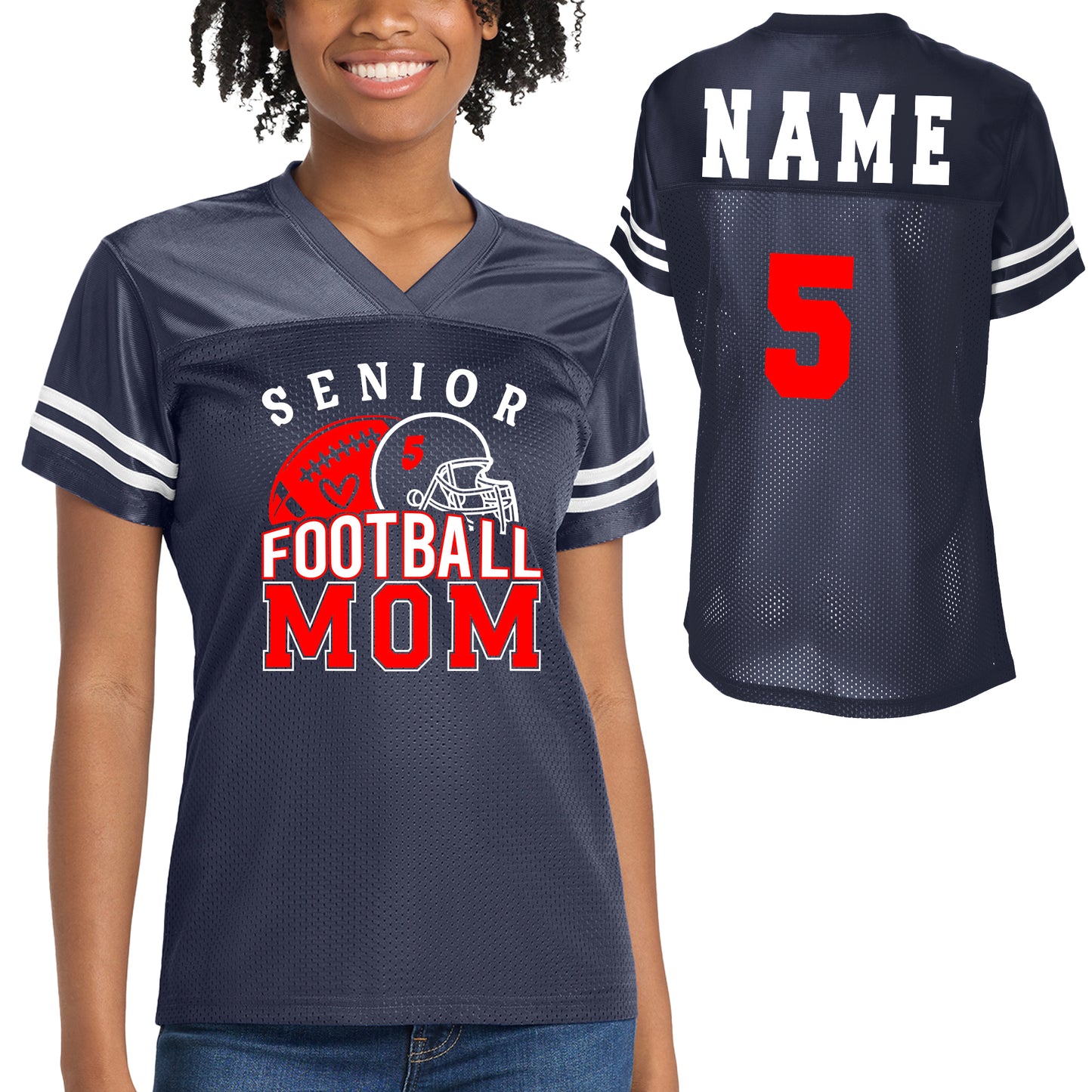 Senior Patriots Football Mom Team Design Women's Navy Sport-Tek Replica Football Jersey - LST307