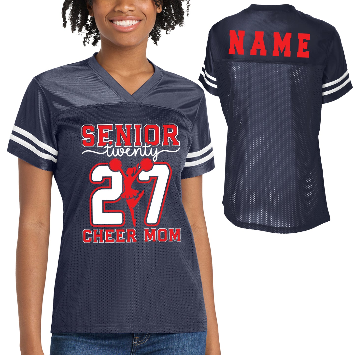 Senior Patriots Cheer Mom Team Design Women's Navy Sport-Tek Replica Football Jersey - LST307