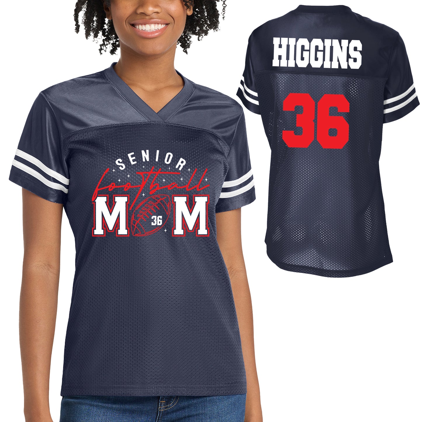 Senior Patriots Football Mom Team Design Women's Navy Sport-Tek Replica Football Jersey - LST307.2