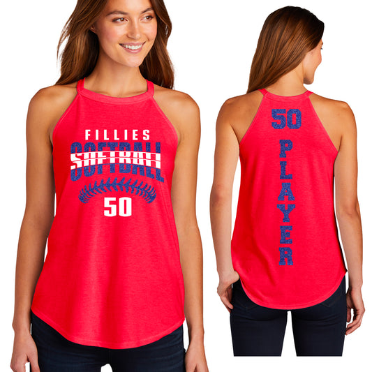 Fillies Softball Glitter Design Women's Tri-Blend.Red Rocker Tank by District