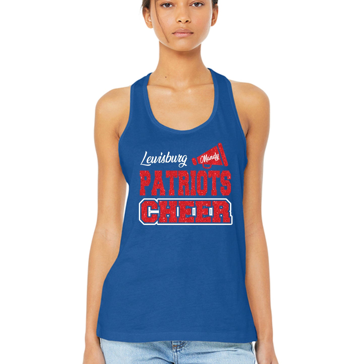 Patriots Cheer Team Glitter Team Design Women's Royal Bella Canvas Racerback Tank Top - LST307