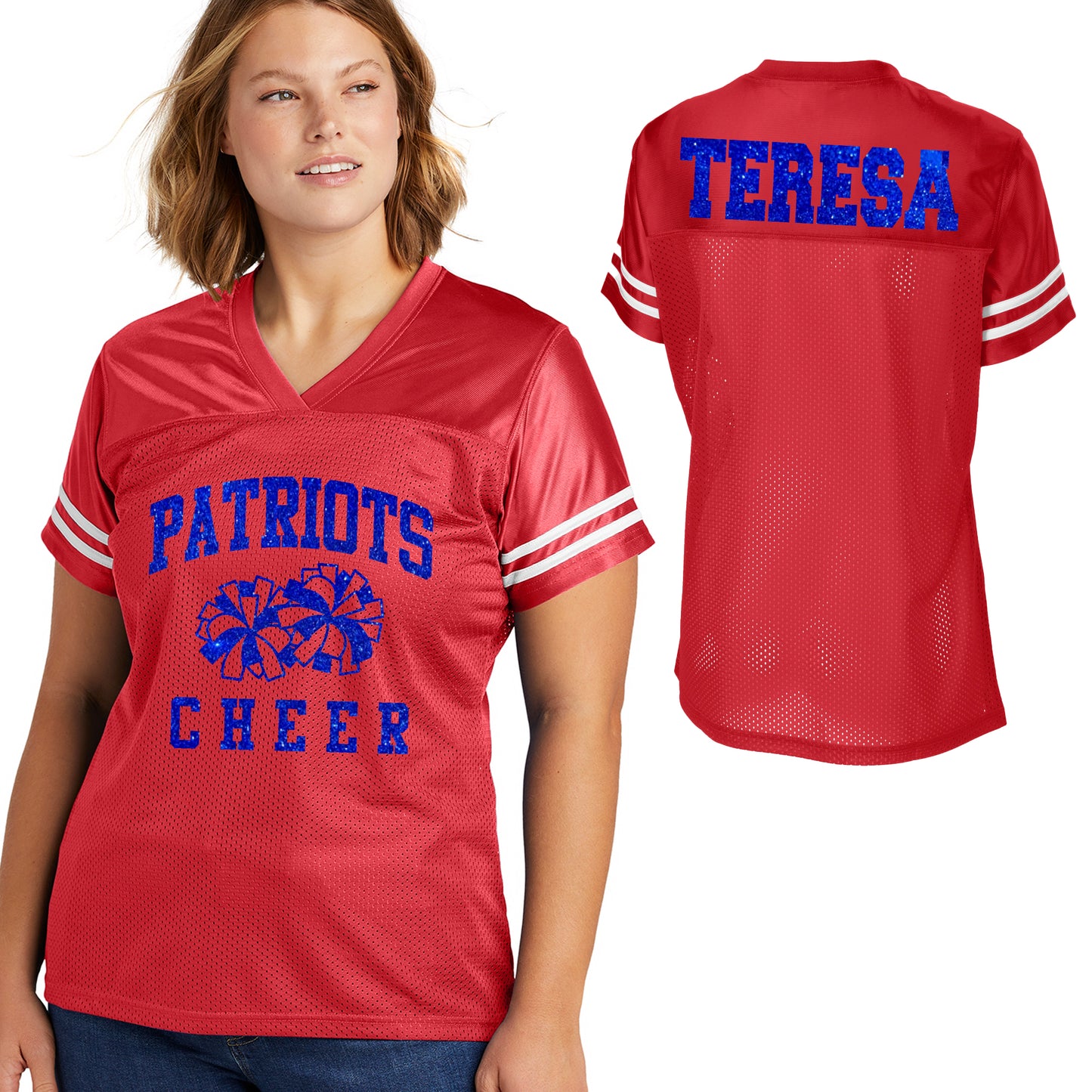 Patriots Cheer Mom Glitter Team Design Women's Red Sport-Tek Replica Football Jersey - LST307