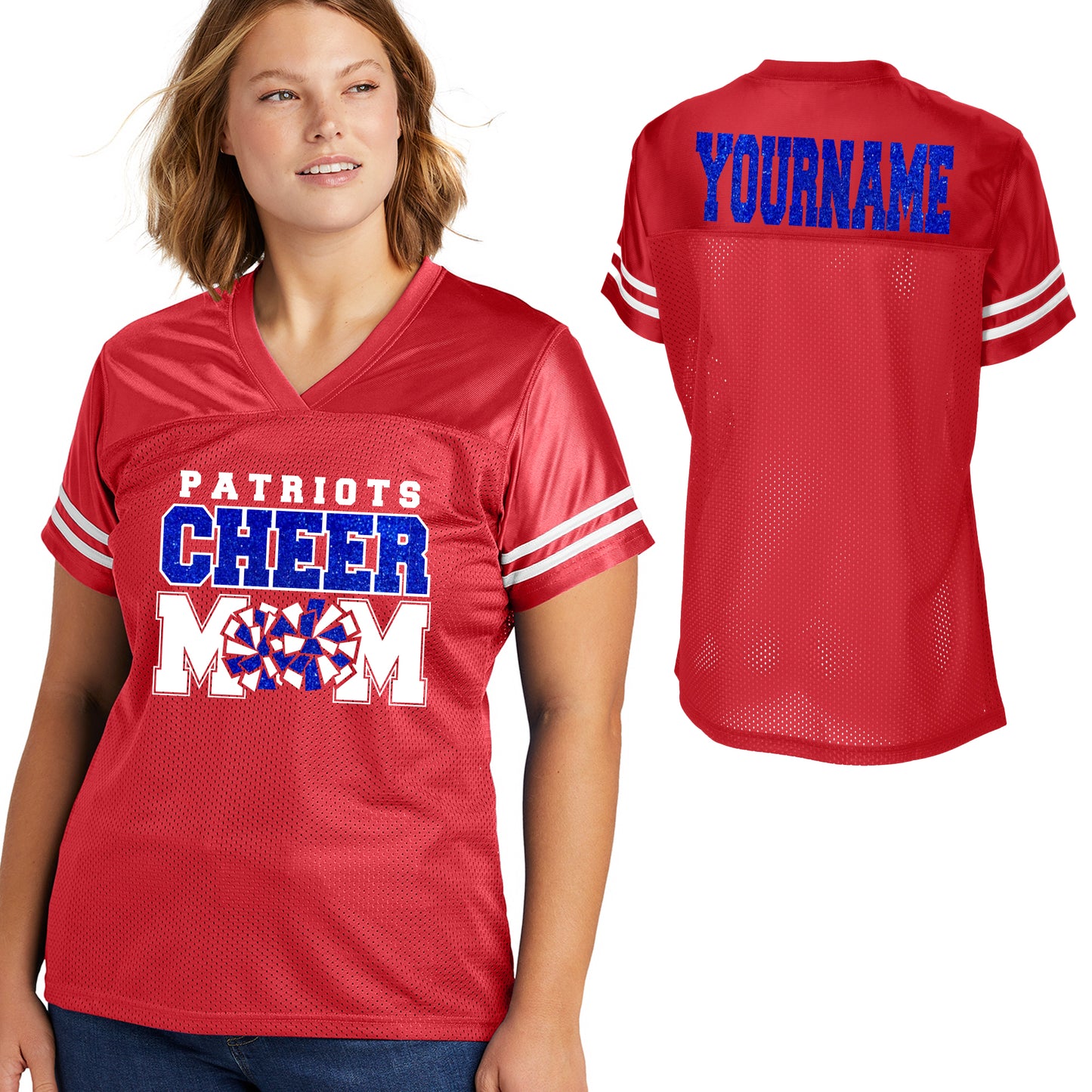 Patriots Cheer Mom Glitter Team Design Women's Red Sport-Tek Replica Football Jersey - LST307