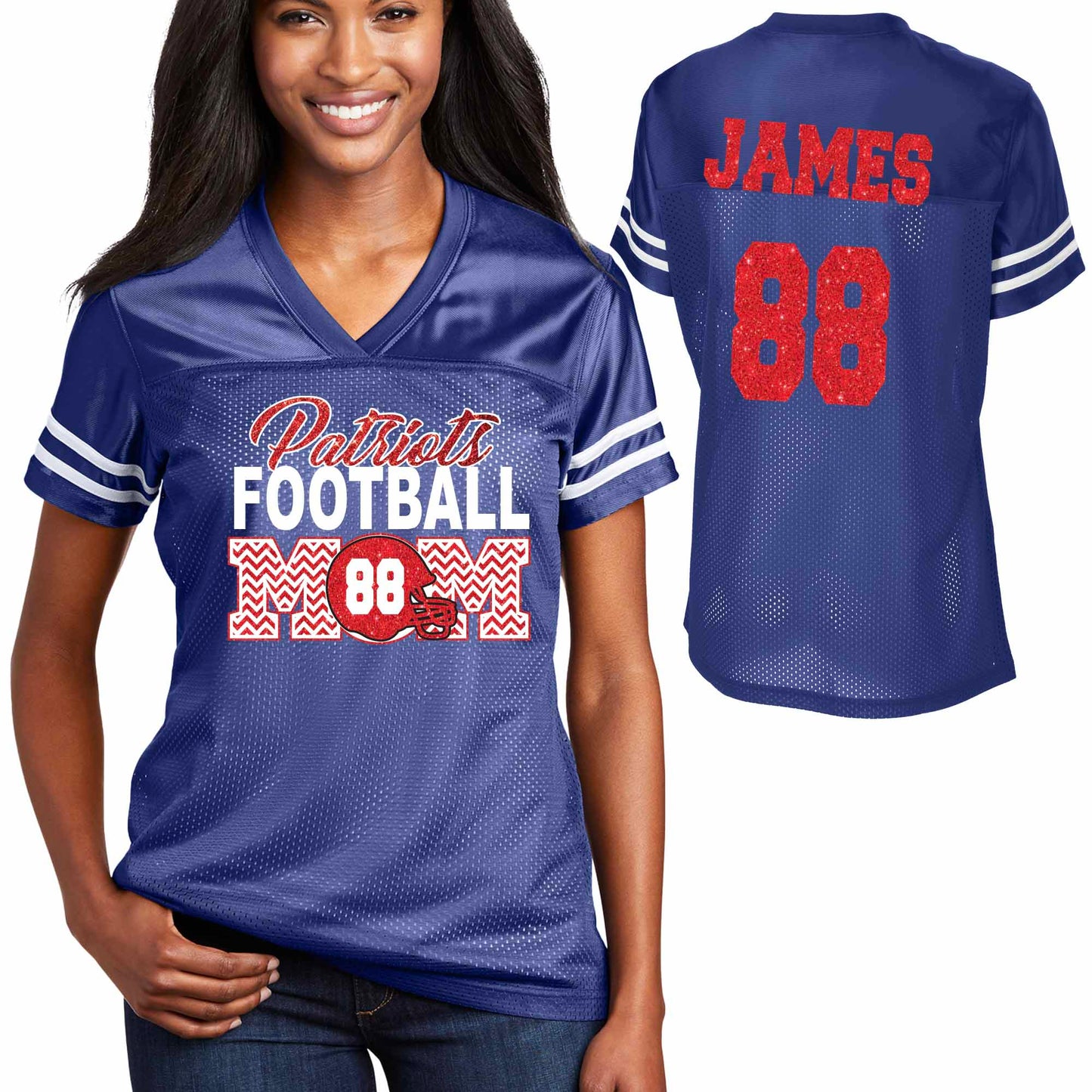 Patriots Football Mom Glitter Team Design Women's Royal Sport-Tek Replica Football Jersey - LST307