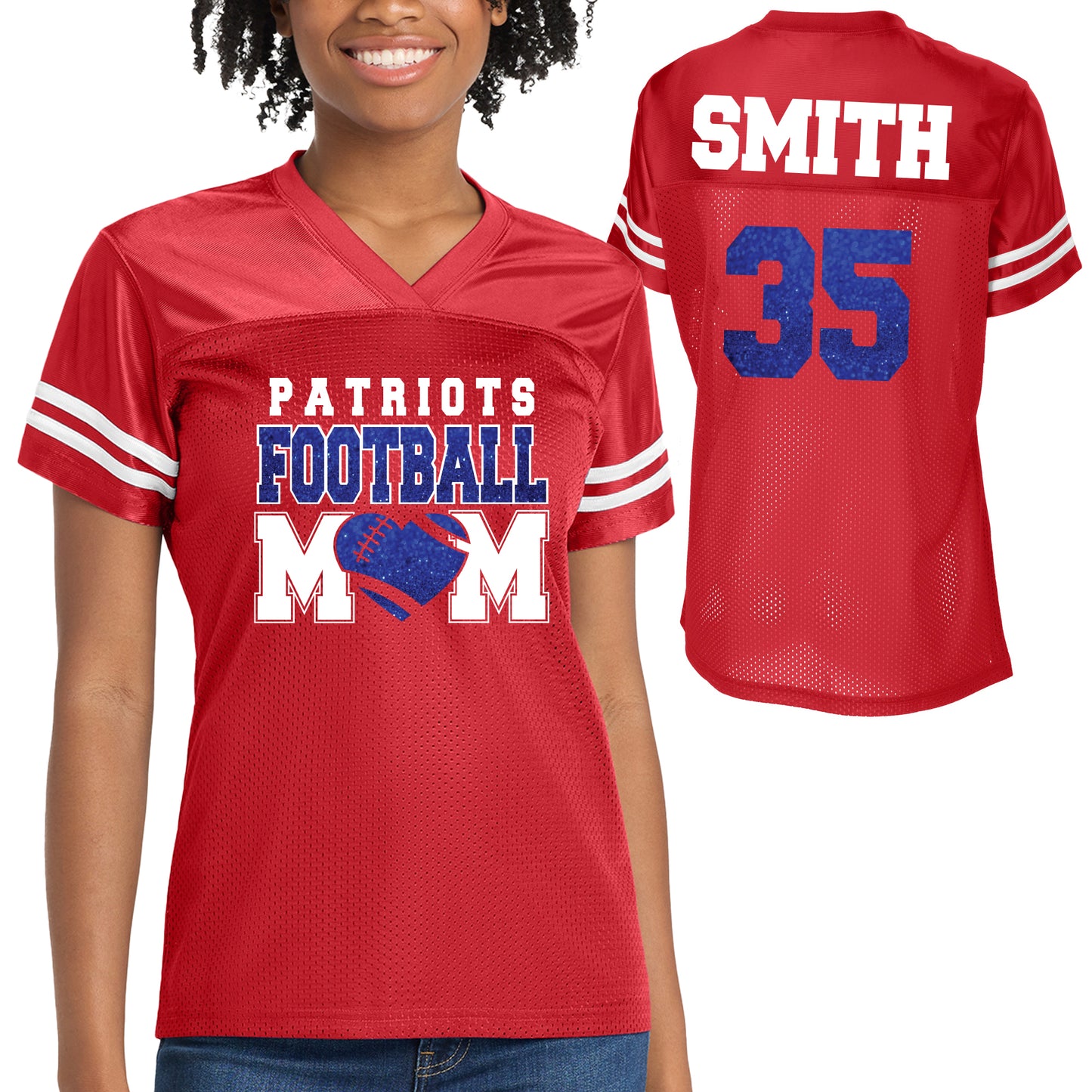 Patriots Football Mom Glitter Team Design Women's Red Sport-Tek Replica Football Jersey - LST307 (Copy)